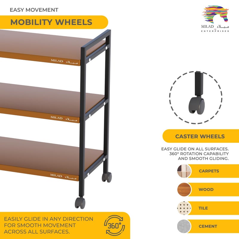 MILAD 3Tier Rolling Trolley with Wheels Heavy Duty Multifunctional Metal Frame Cart Ideal for Home Kitchen Bathroom and Office Storage Storage Organizer Black Golden - Image 4
