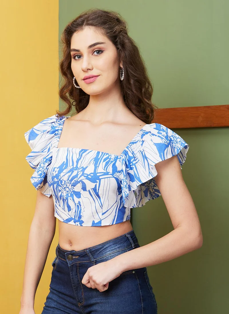 globus Globus Women Abstract Print Square Neck Flared Sleeve Cotton Top