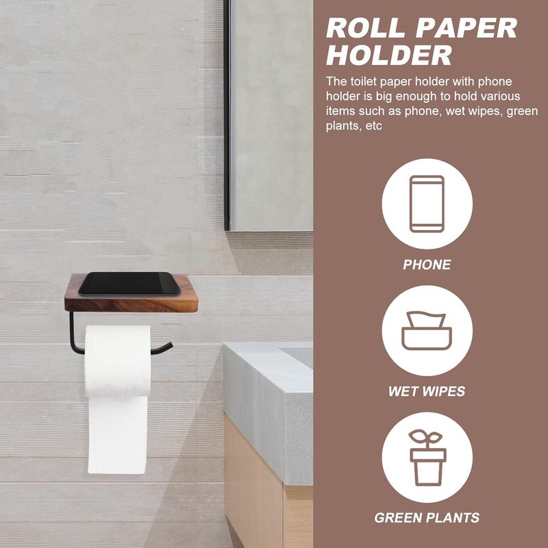 SHOWERORO Wall-Mounted Roll Paper Holder and Tissue Storage Rack, Black Walnut Solid Wood, No-Drill and Screw Installation, Bathroom Toilet Paper Organizer for Home and Bathroom Use - Image 4