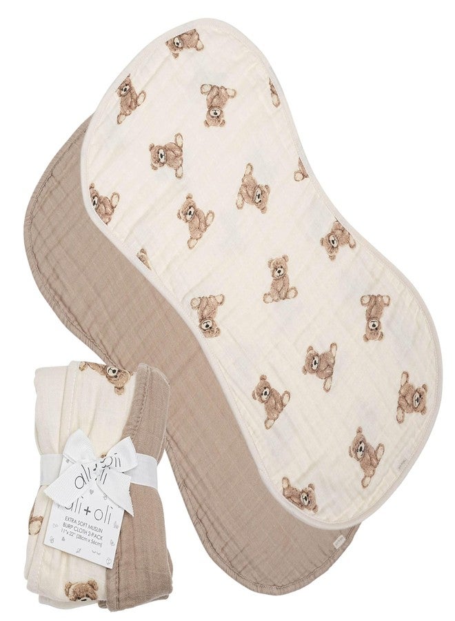 Ali+Oli 2-pk Muslin Burp Cloths for Baby Boys and Girls (Teddy-Taupe) Organic Baby Burp Cloth, Burp Rags for Newborn - Image 1