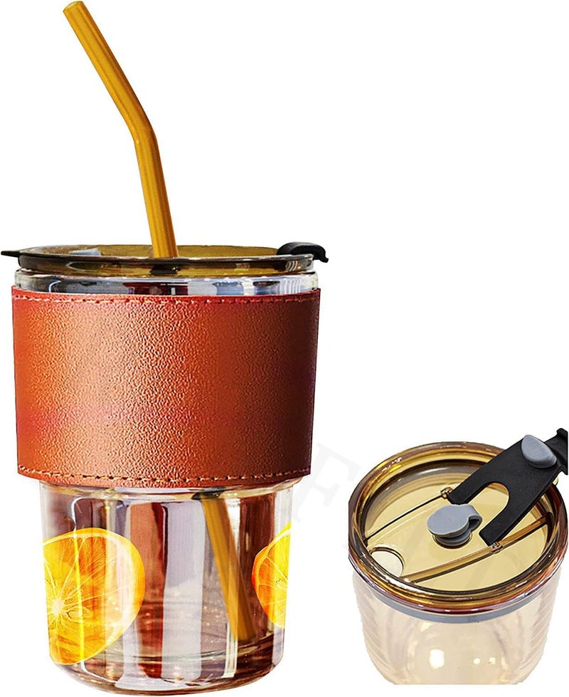 RONFILD Glass Sipper Milk Juice Mug Tumbler with Lid and Silicon Straw Tea and Coffee Cup Sipper with Non Sleep Leather Band Milk Glass Mug Tea Coffee Smoothies Fruit Juice Travel Mug - Image 1