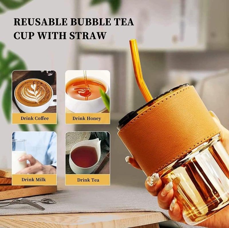 RONFILD Glass Sipper Milk Juice Mug Tumbler with Lid and Silicon Straw Tea and Coffee Cup Sipper with Non Sleep Leather Band Milk Glass Mug Tea Coffee Smoothies Fruit Juice Travel Mug - Image 4