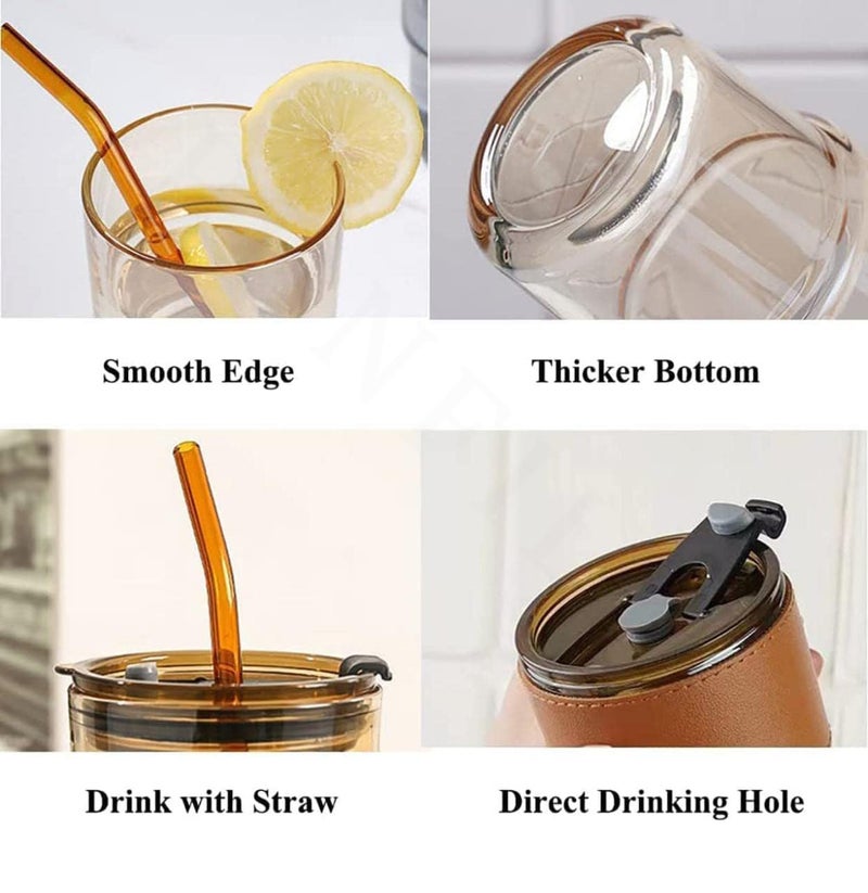 RONFILD Glass Sipper Milk Juice Mug Tumbler with Lid and Silicon Straw Tea and Coffee Cup Sipper with Non Sleep Leather Band Milk Glass Mug Tea Coffee Smoothies Fruit Juice Travel Mug - Image 5