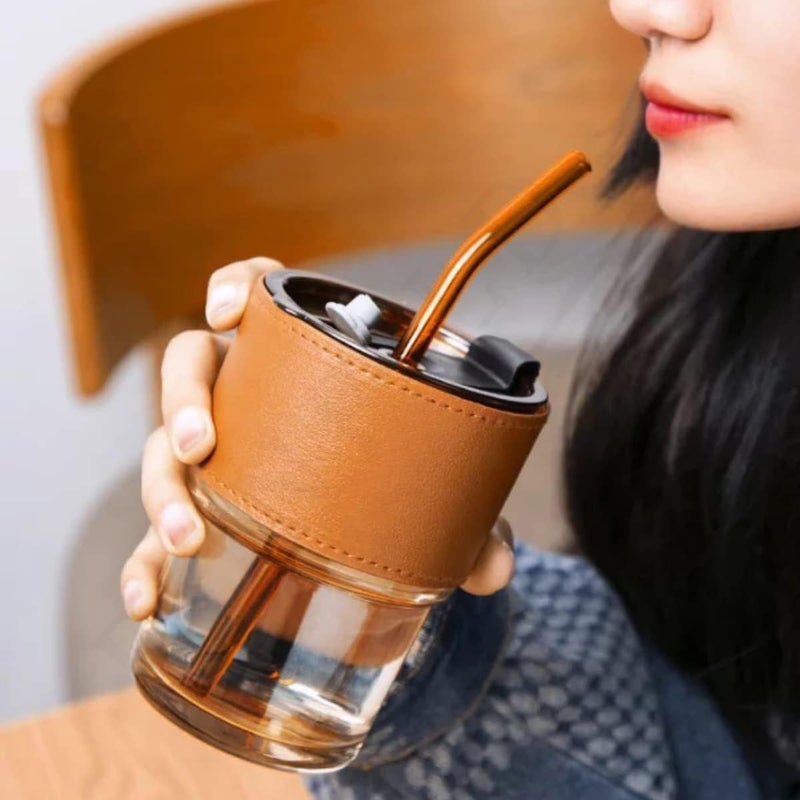 RONFILD Glass Sipper Milk Juice Mug Tumbler with Lid and Silicon Straw Tea and Coffee Cup Sipper with Non Sleep Leather Band Milk Glass Mug Tea Coffee Smoothies Fruit Juice Travel Mug - Image 2
