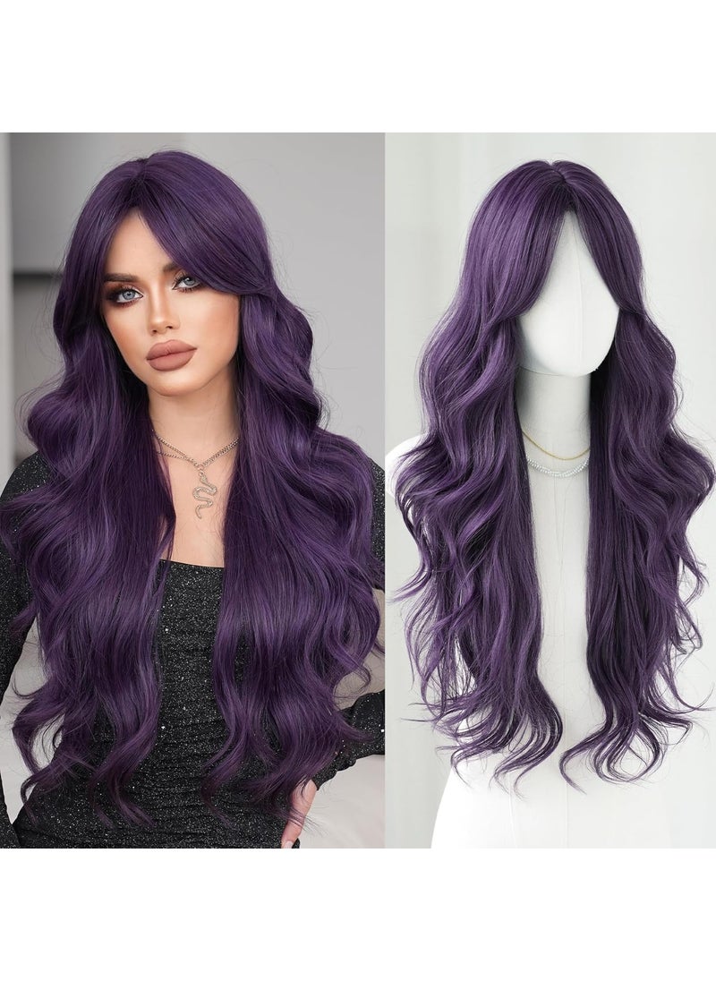 7JHH WIGS - 7JHH WIGS 31in Purple Long Water Body Wavy Wigs with Curtain Bangs Natural Heat Resistant Synthetic Fiber Midlle Part Women Curly Wigs for Chrismas Daily Party Daily Used - Image 1