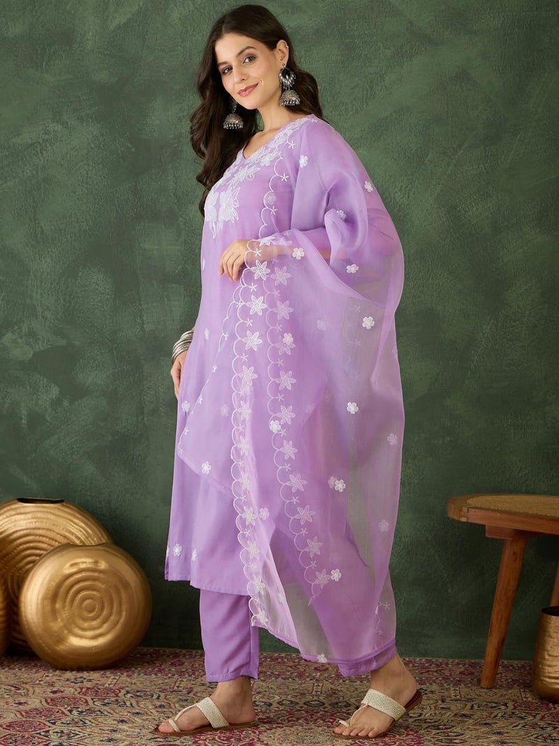 Naixa Women's Rayon Embroidered Straight Kurta with Pant and Dupatta Sets (NX-740-Lavender-XXL) - Image 3