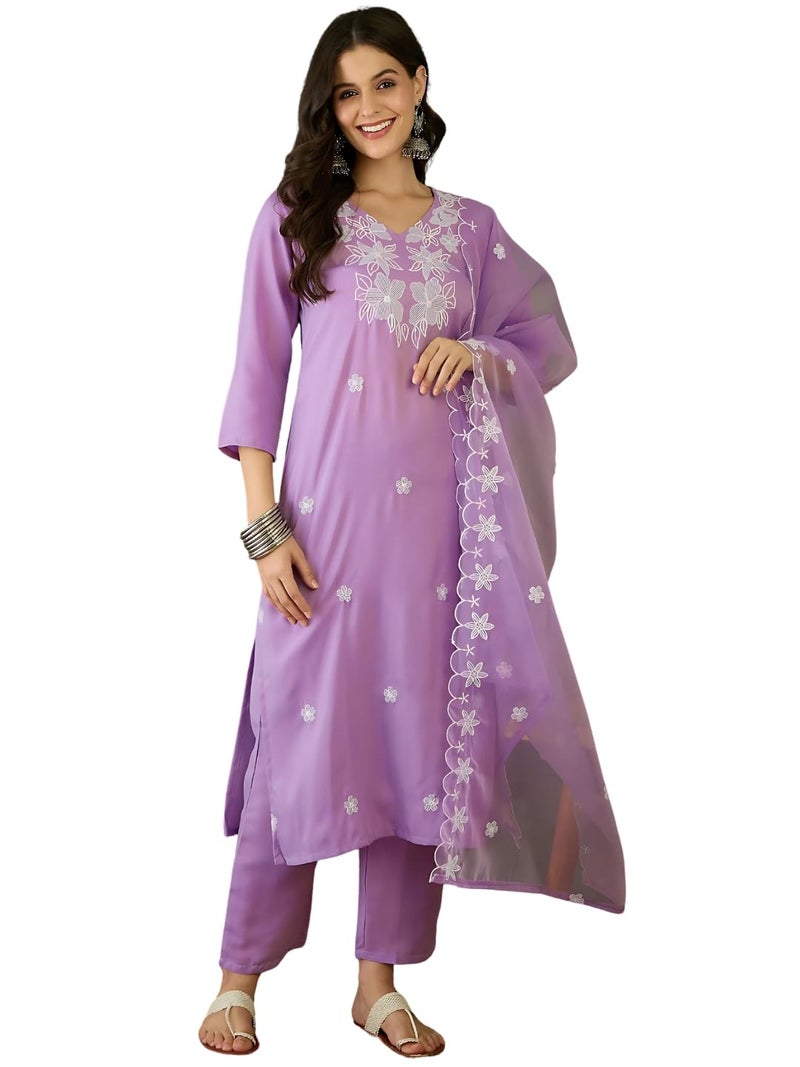 Naixa Women's Rayon Embroidered Straight Kurta with Pant and Dupatta Sets (NX-740-Lavender-XXL) - Image 1