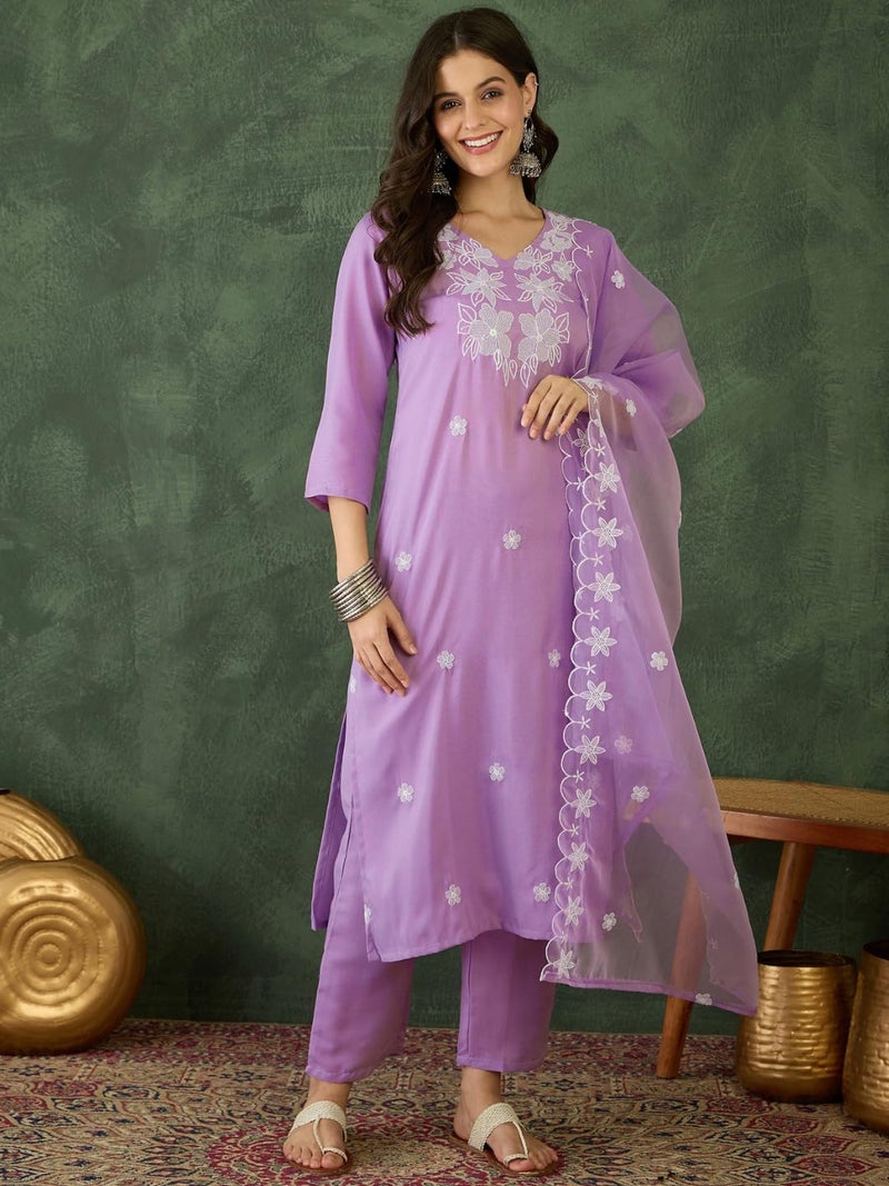 Naixa Women's Rayon Embroidered Straight Kurta with Pant and Dupatta Sets (NX-740-Lavender-XXL) - Image 2