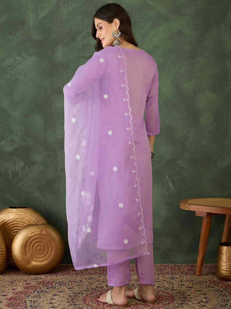 Naixa Women's Rayon Embroidered Straight Kurta with Pant and Dupatta Sets (NX-740-Lavender-XXL) - Image 4
