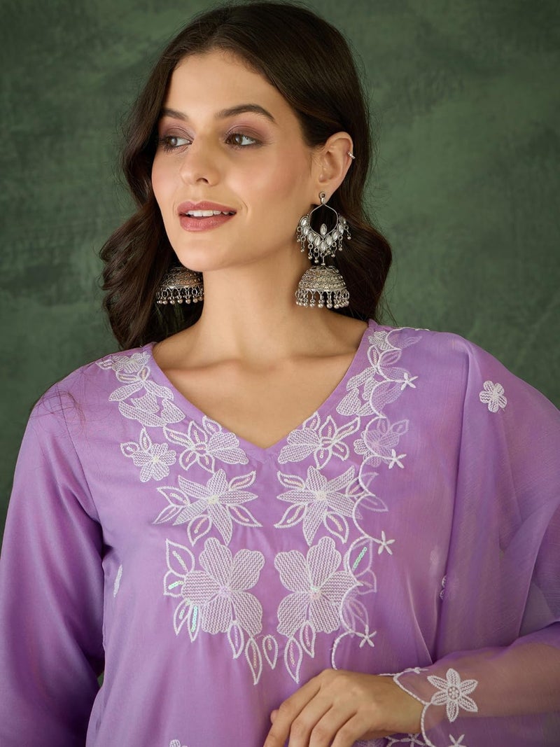Naixa Women's Rayon Embroidered Straight Kurta with Pant and Dupatta Sets (NX-740-Lavender-XXL) - Image 5