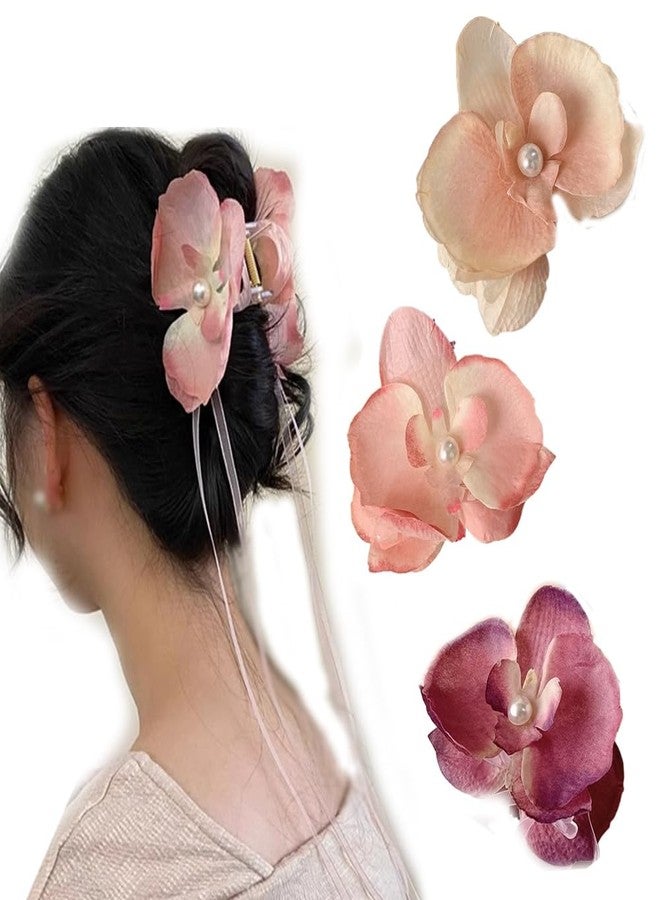 CHIROGRAPHY مشابك شعر من الزهور الاصطناعية من CHIROGRAPHY للنساء والفتيات | إكسسوارات شعر بتصميم زهرة الأوركيد مع مركز لؤلؤي | دبابيس شعر أنيقة للكعكة، وحفلات الزفاف، والحفلات، والمناسبات الاحتفالية والخاصة (مجموعة من 3 قطع) - Image 1