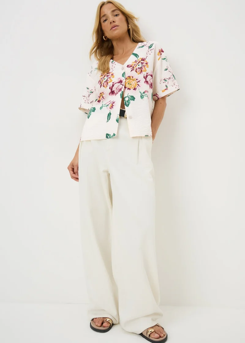 Matalan Cream Floral Button V-Neck Shirt