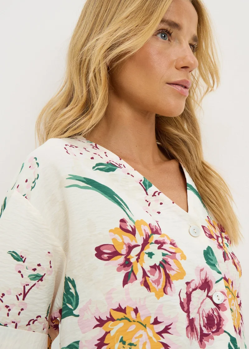 Matalan Cream Floral Button V-Neck Shirt
