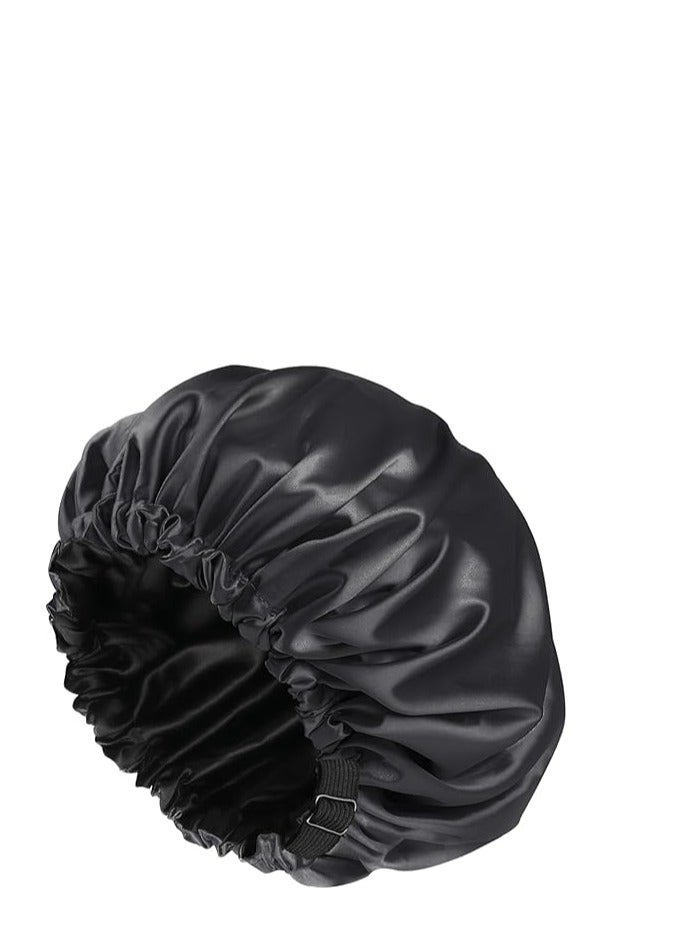 Shower Caps, Silk Lined Shower Cap for Women, Reusable, Adjustable Size, Washable Waterproof, Large Satin Shower Cap-Black - Image 1