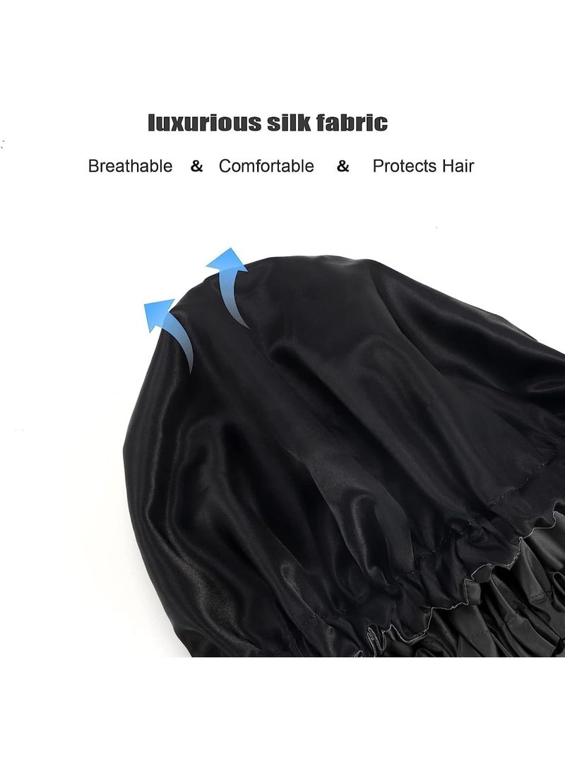 Shower Caps, Silk Lined Shower Cap for Women, Reusable, Adjustable Size, Washable Waterproof, Large Satin Shower Cap-Black - Image 3