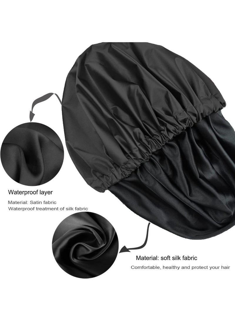 Shower Caps, Silk Lined Shower Cap for Women, Reusable, Adjustable Size, Washable Waterproof, Large Satin Shower Cap-Black - Image 2