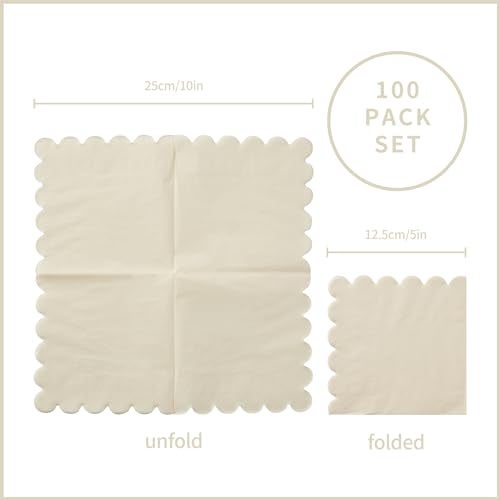 BEFORYOU 100 Pack Cocktail Napkin 2-Ply Scalloped Edged Dessert Napkins Folded 5 x 5 Inches Disposable Napkins for Dinner Wedding Birthday Party Bridal Anniversary Reception Event (Milky-White) - Image 2