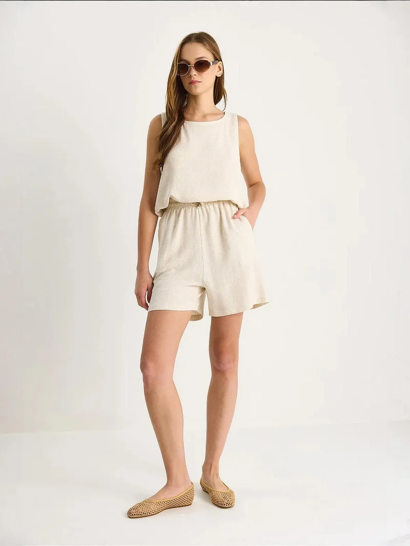 Bianco Lucci LUCCI High Waist Linen Blend Wide Leg Two-Piece Set