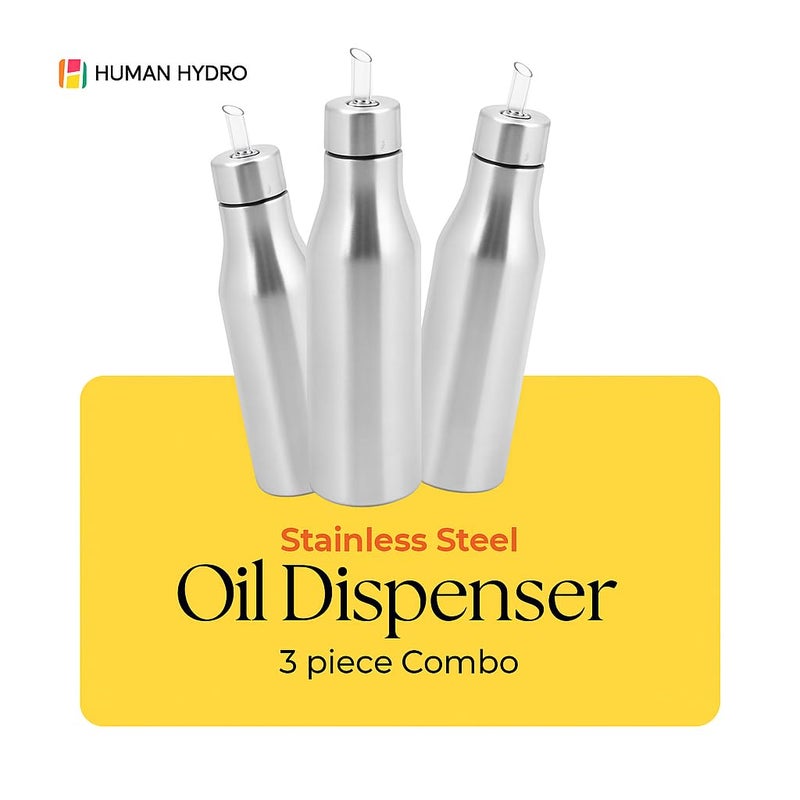Human Hydro طقم موزعات زيت من 3 قطع – سعة 600 مل لكل منها | زجاجات زيت طبخ من الفولاذ المقاوم للصدأ مع فوهة مانعة للتسرب | خالية من التنقيط، مقاومة للصدأ، سهلة التنظيف | للسمن، الخل، زيت الخردل - Image 2