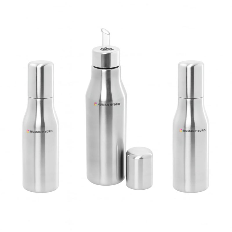 Human Hydro طقم موزعات زيت من 3 قطع – سعة 600 مل لكل منها | زجاجات زيت طبخ من الفولاذ المقاوم للصدأ مع فوهة مانعة للتسرب | خالية من التنقيط، مقاومة للصدأ، سهلة التنظيف | للسمن، الخل، زيت الخردل - Image 1