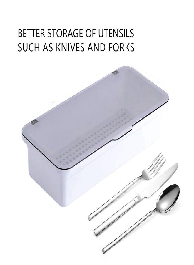 ICSTM Flatware Tray with Lid,Silverware Tray Kitchen Cutlery Tray and Utensil Storage Container for Flatware and Silverware (White) - Image 2