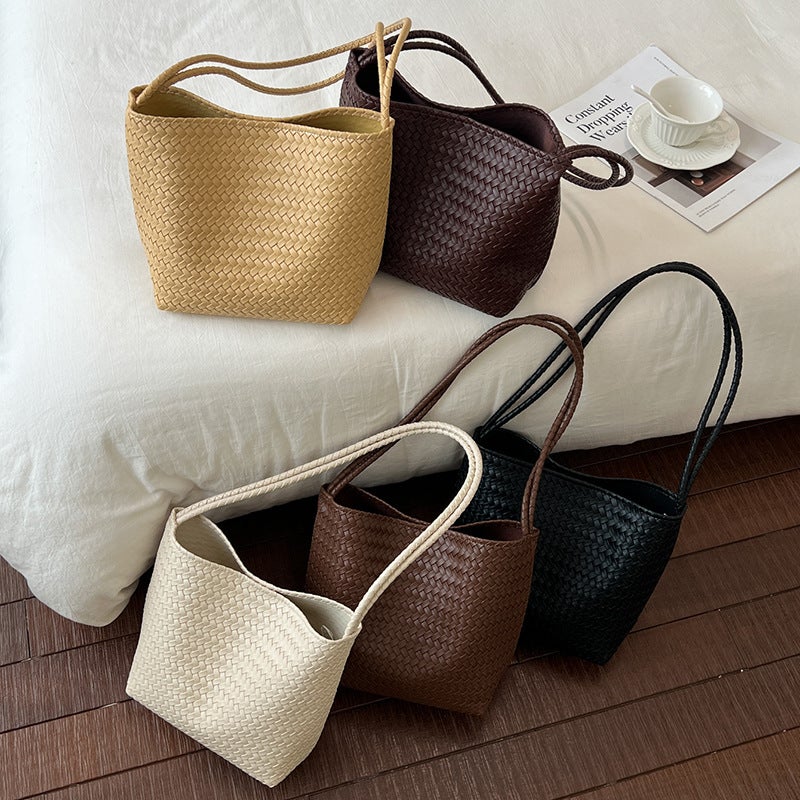 Vintage Woven Bucket Bag for Women, PU Shoulder Bag - Image 1