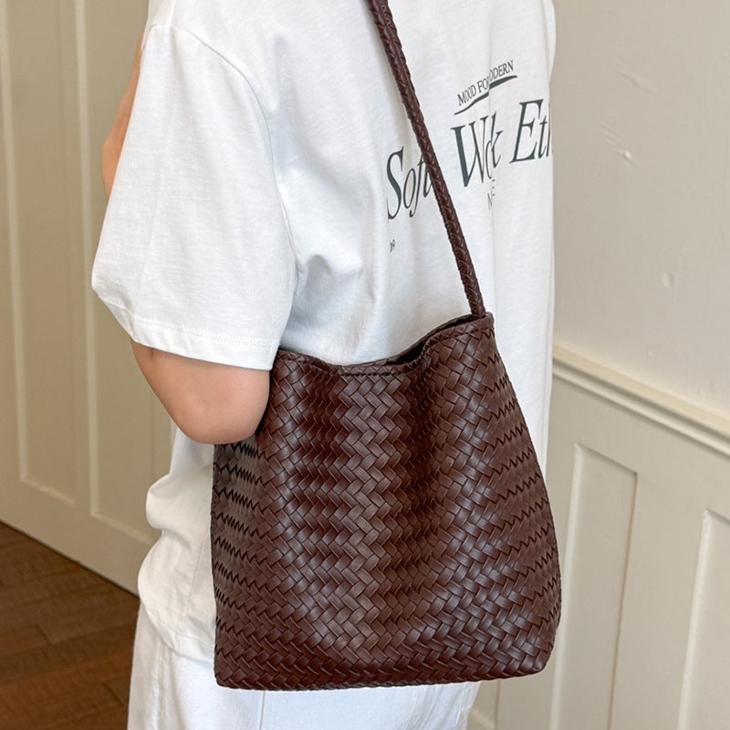 Vintage Woven Bucket Bag for Women, PU Shoulder Bag - Image 3