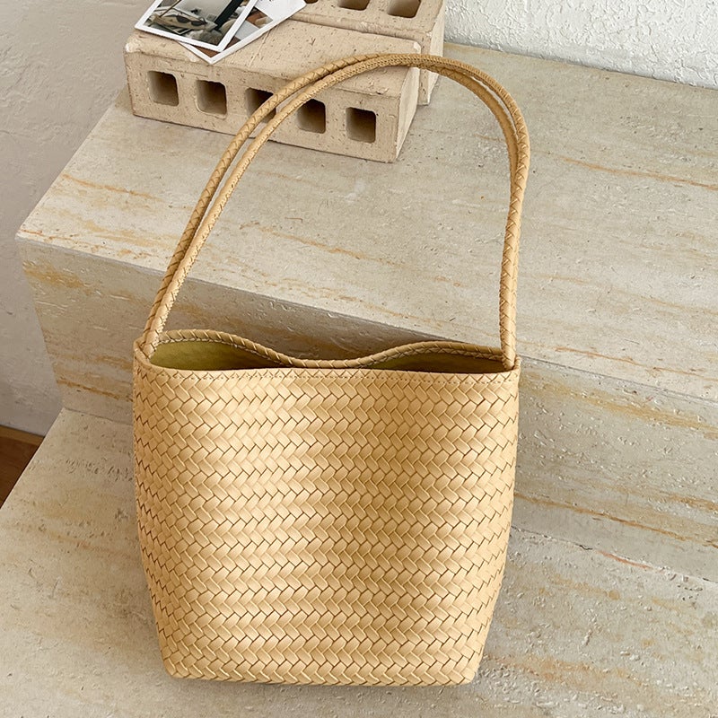 Vintage Woven Bucket Bag for Women, PU Shoulder Bag - Image 2