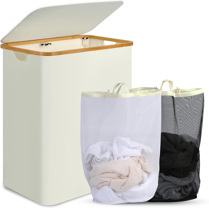Antole Laundry Basket with Lid, Bamboo Handles with 2 Removable Inner Bags,Clothes Hampers for Laundry, Dirty Clothes Hamper, Foldable & Space Saving - Image 1