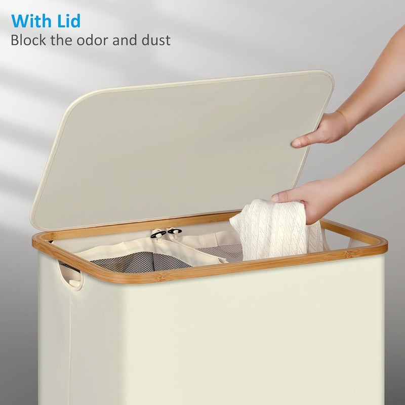 Antole Laundry Basket with Lid, Bamboo Handles with 2 Removable Inner Bags,Clothes Hampers for Laundry, Dirty Clothes Hamper, Foldable & Space Saving - Image 3