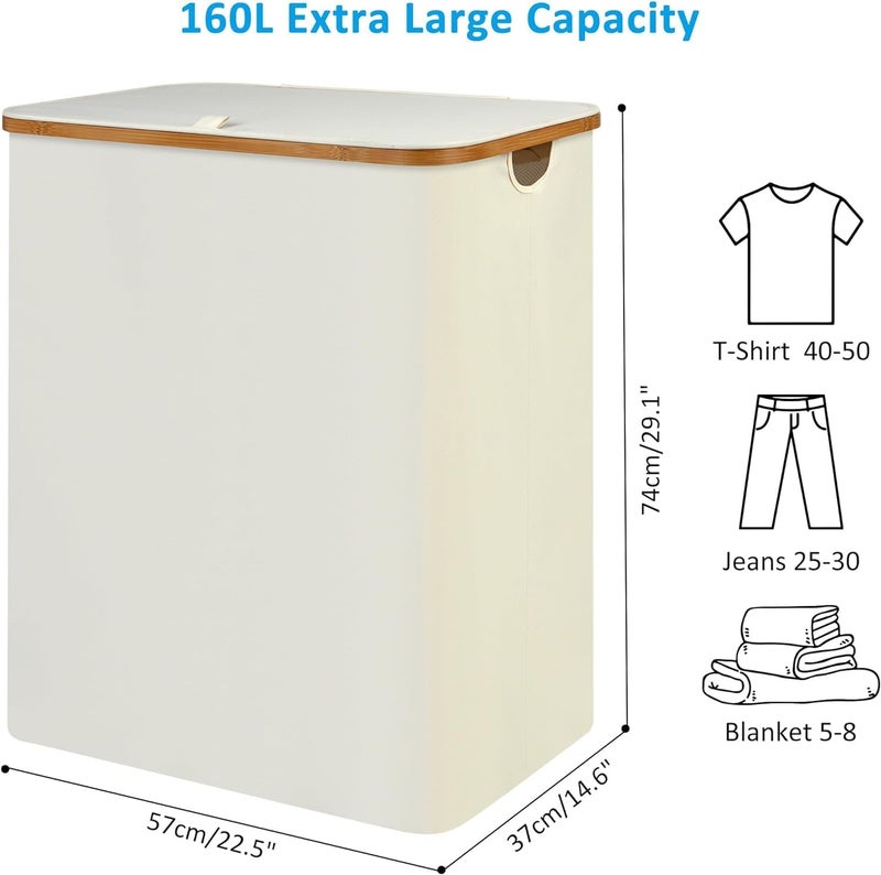 Antole Laundry Basket with Lid, Bamboo Handles with 2 Removable Inner Bags,Clothes Hampers for Laundry, Dirty Clothes Hamper, Foldable & Space Saving - Image 2