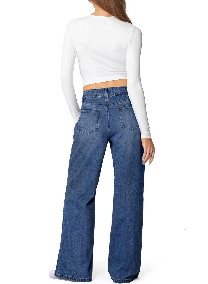 Sidefeel Womens Wide Leg Jeans High Waisted Straight Leg Stretchy Jeans Trendy Seamed Front Loose Denim Pants Blue Size 6 - Image 4