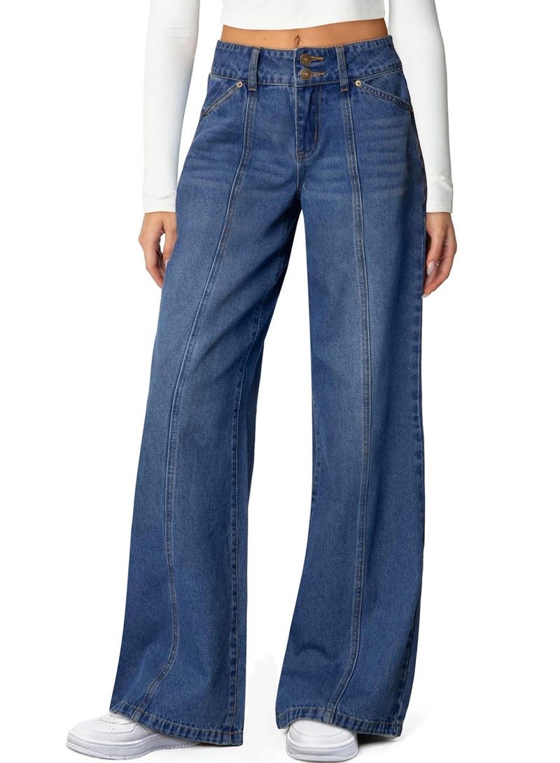 Sidefeel Womens Wide Leg Jeans High Waisted Straight Leg Stretchy Jeans Trendy Seamed Front Loose Denim Pants Blue Size 6 - Image 1