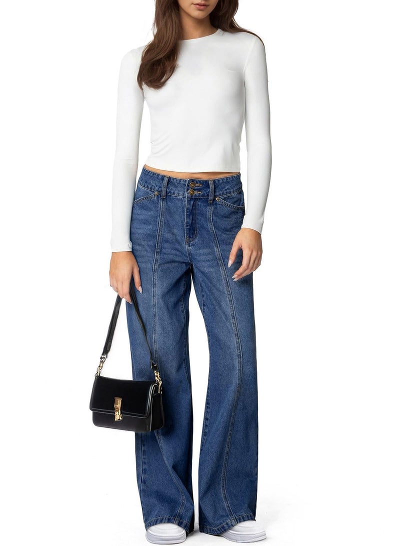 Sidefeel Womens Wide Leg Jeans High Waisted Straight Leg Stretchy Jeans Trendy Seamed Front Loose Denim Pants Blue Size 6 - Image 3