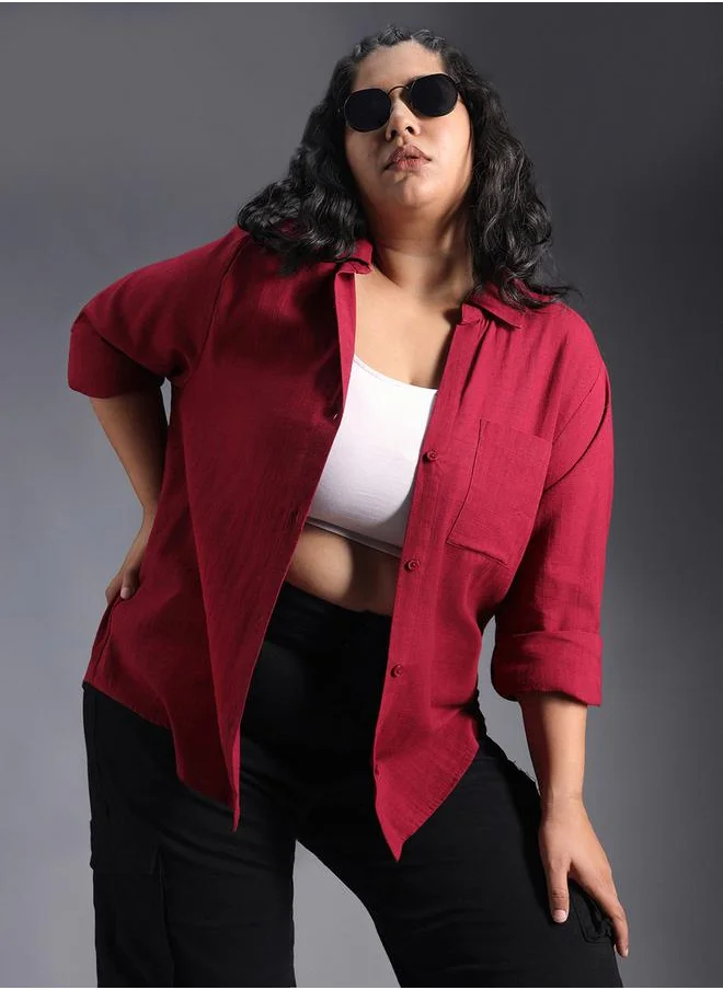 هاي ستار Plus Size Solid Regular Fit Shirt with Pocket Detail