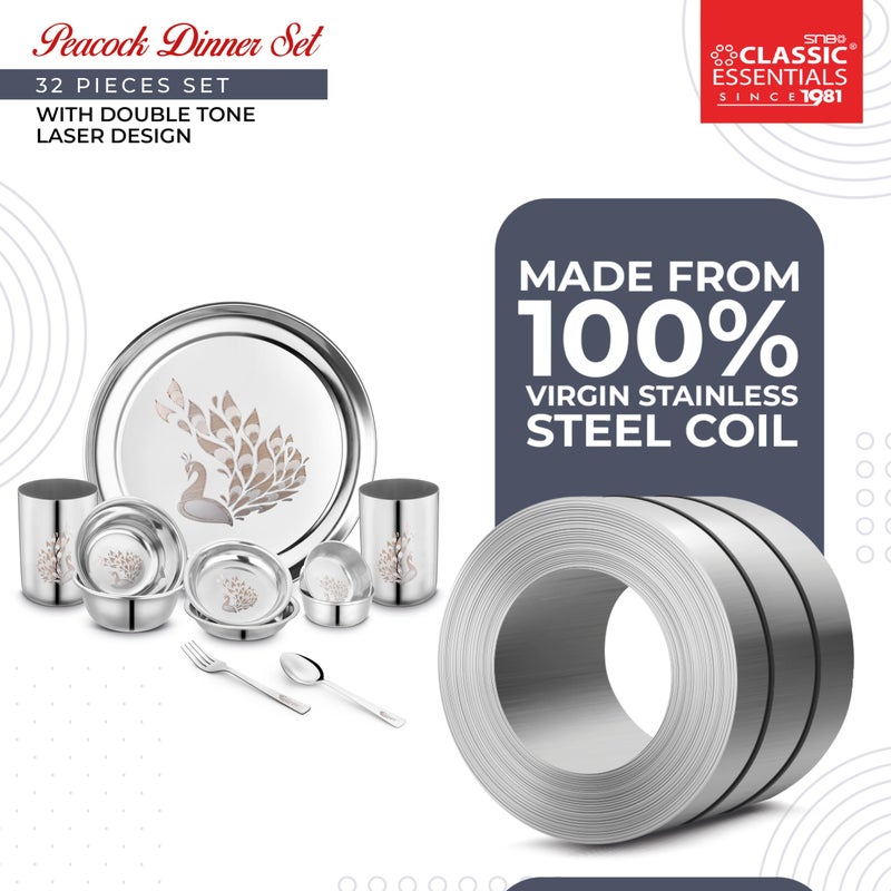 Classic Essentials طقم عشاء من الفولاذ المقاوم للصدأ الكلاسيكي | يخدم 4 أشخاص | سمك ثقيل | طقم مطبخ | ليزر دائم - طاووس، مجموعة من 32 - Image 5