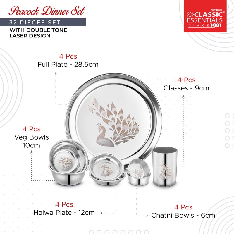 Classic Essentials طقم عشاء من الفولاذ المقاوم للصدأ الكلاسيكي | يخدم 4 أشخاص | سمك ثقيل | طقم مطبخ | ليزر دائم - طاووس، مجموعة من 32 - Image 2