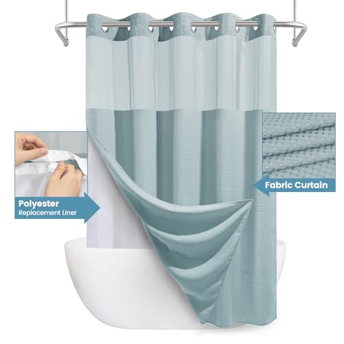 EUTXL Fog Blue No Hook Shower Curtain with Snap in Liner,230GSM Waffle Weave Shower Curtains for Bathroom,71W x 74H - Image 4