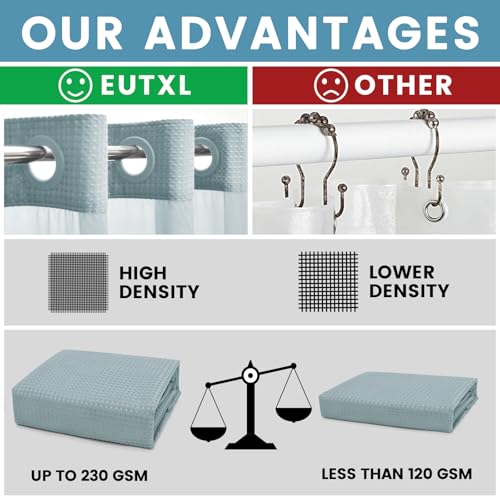 EUTXL Fog Blue No Hook Shower Curtain with Snap in Liner,230GSM Waffle Weave Shower Curtains for Bathroom,71W x 74H - Image 2
