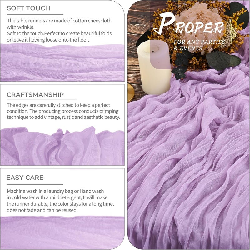 YMHPRIDE Set of 6 Lilac Cheesecloth Table Runner, 90 x 300 cm Rustic Gauze Fabric, Beige Wedding Table Decoration Tablecloth for Bridal Shower Party Table Decorations - Image 3