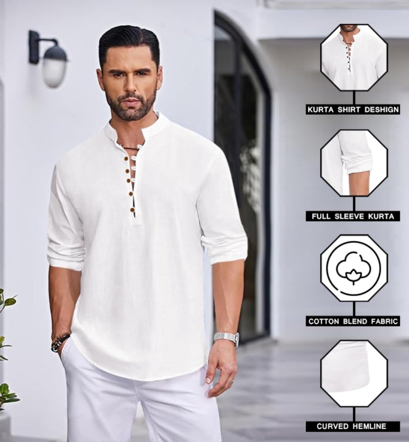 Macsivo Men's Stylish Mandarin Collar Kurta | Casual Ethnic Fusion Shirt for Daily, Party & Travel | Full Sleeves | Cotton Blend Comfort Fit Short Kurta White - Image 3
