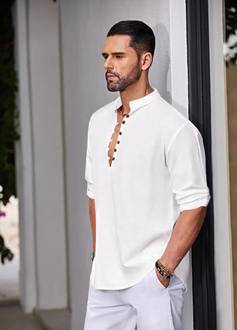 Macsivo Men's Stylish Mandarin Collar Kurta | Casual Ethnic Fusion Shirt for Daily, Party & Travel | Full Sleeves | Cotton Blend Comfort Fit Short Kurta White - Image 2