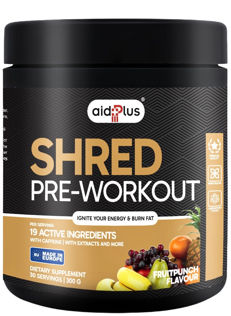 AID PLUS Pre-Workout Shred Fruit Punch, 300g | 5600mg Pump Blend | 200mg Caffeine | Energy, Focus & Fat Burn Boost | Vegan-Friendly - Image 1