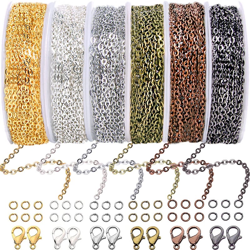 Jishi Chains Jewelry Making Supplies 60ft Cable Link Chains for Making Jewelry Necklace Earring Bracelet Findings DIY Craft Kit for Adults 6Color 2mm Gold Silver Copper Plated Metal Link Rolls Bulk