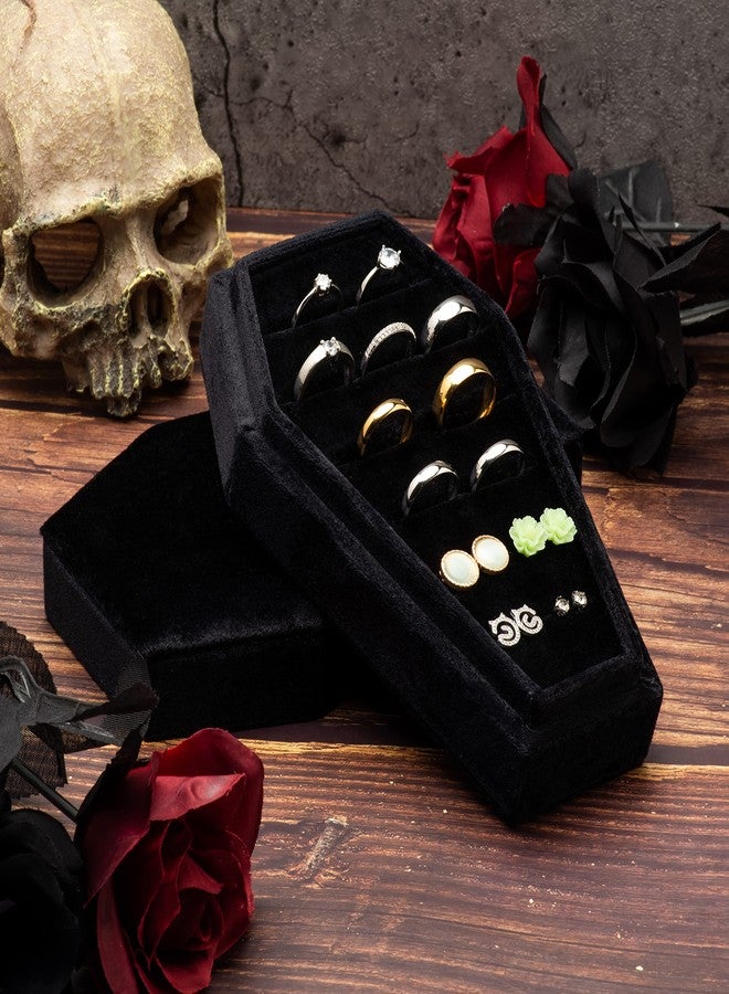 Giftop Large Velvet Coffin Ring Box Jewelry Tray Travel Case Hold Up 15 Rings for Accessories Gothic Home Jewelry Organizer Decorations Goth Decor Gifts (Black) - Image 4