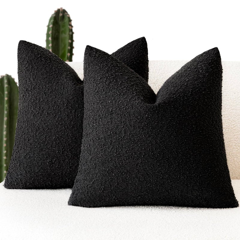 Foindtower Set of 2 Decorative Textured Boucle Throw Pillow Covers Accent Solid Pillow Cases Neutral Soft Cozy Couch Cushion Case for Chair Sofa Bedroom Living Room Home Decor 20 x 20 Inch Black
