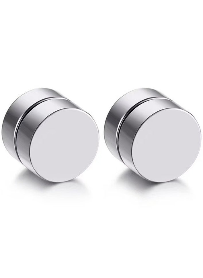 Bluelans 2pcs Magnetic Silver Circle Stud Earrings for Men Women, Non-Piercing Clip On Cheater Fake Ear Gauges 