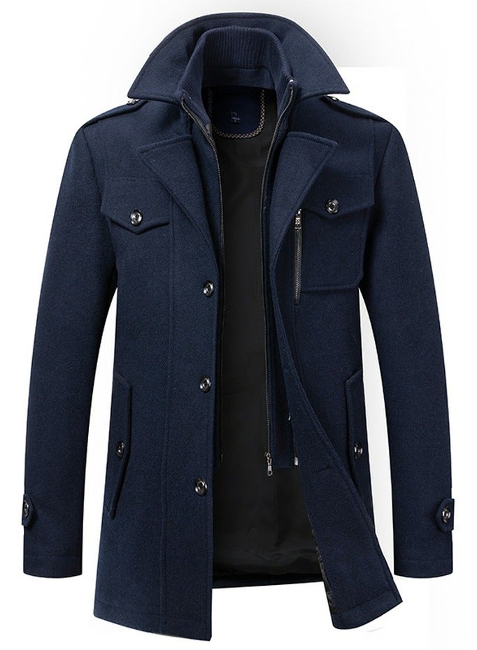 Loquat Men's Double Collar Wool Blend Coat Winter Trench Coat With Detachable Soft Scarf Jacket Navy Blue - Image 1
