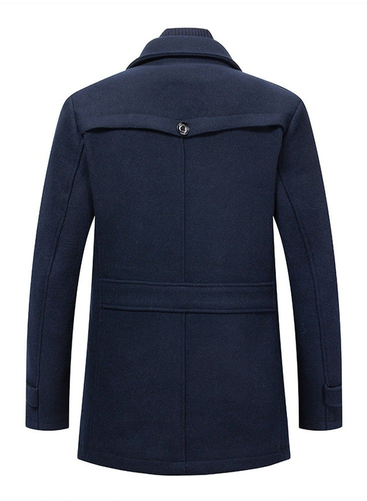 Loquat Men's Double Collar Wool Blend Coat Winter Trench Coat With Detachable Soft Scarf Jacket Navy Blue - Image 2
