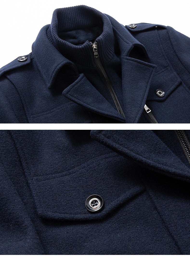 Loquat Men's Double Collar Wool Blend Coat Winter Trench Coat With Detachable Soft Scarf Jacket Navy Blue - Image 3